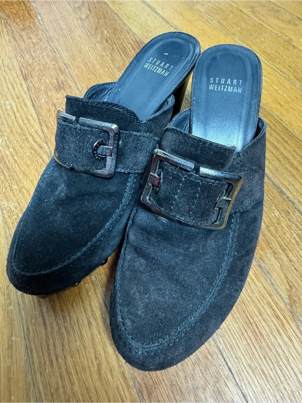 Stuart Weitzman Black Suede Buckle Slip-On Loafers